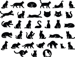 Obraz premium 30 Cat Clipart Solid Black Silhouette Icons Set on White Background