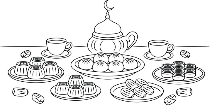 Eid Sweets and Tea Set Vector Illustration