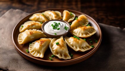 Savoring Traditional Polish Comfort Food A Steaming Plate Of 11 Golden Pierogi Is Served With A Dollop Of Sour Cream And Chives