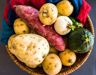 Traditional Woven Basket Filled with Vegetables and Fabric on a Natural Background