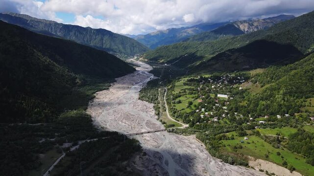 View over the Rioni river and the villages of Chiora and Ghebi in Racha-Lechkhumi, Greater Caucasus, Georgia, Caucasus, Europe