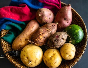 Traditional Woven Basket Filled with Yams, Squash, and Fabric
