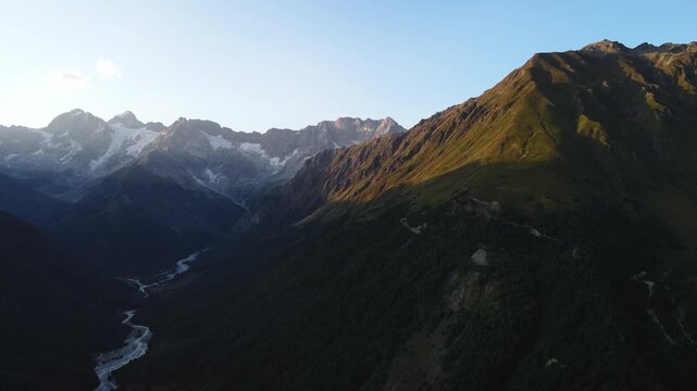 View of some Greater Caucasus peaks, such as Laboda and Tsitela, from the small village of Gona, Ghebi, Racha-Lechkhumi, Greater Caucasus, Georgia