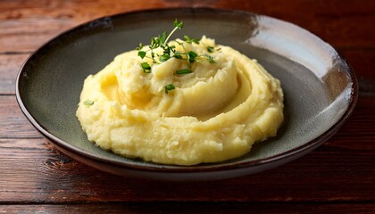 Imagen Horizontal De Un Delicioso Platillo De Pure De Papa Bien Decorado Con Salsa Espesa En Medio De Una Mesa De Madera