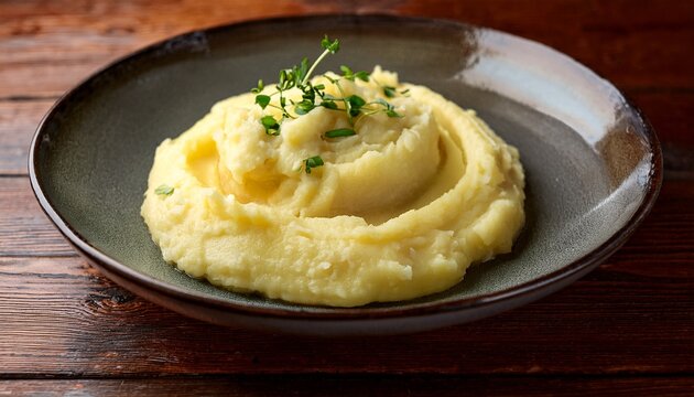 Imagen Horizontal De Un Delicioso Platillo De Pure De Papa Bien Decorado Con Salsa Espesa En Medio De Una Mesa De Madera