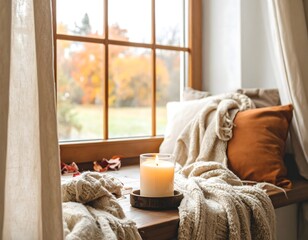 Warmly Lit Interior with Candle and Frosted Window