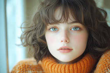 A close-up portrait of a young woman with curly hair, wearing an orange sweater, featuring striking blue eyes and a soft, natural makeup look.