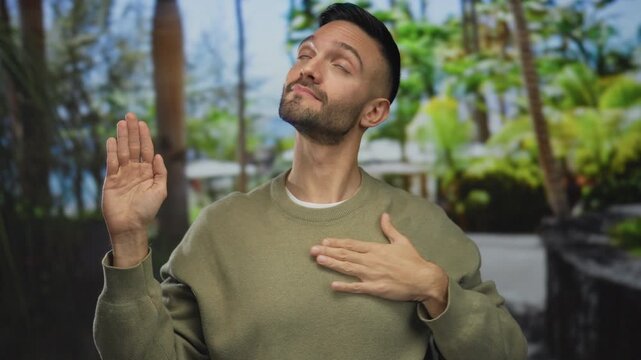 Young hispanic man outdoors in green park making pledge gesture with trees background exuding confidence and sincerity under bright natural light wearing casual outfit and smiling slightly