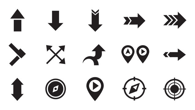Professional Navigation and Directional Icon Set - Black Vector Compass, Target, Location Pins, and Wayfinding UI Elements.