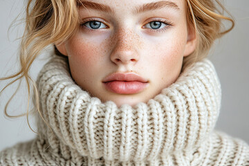 A close-up portrait of a young woman with natural makeup, wearing a chunky knit sweater, showcasing her freckles and striking blue eyes.
