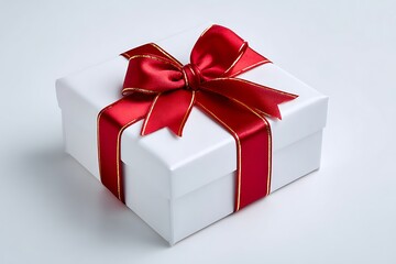 Obraz premium A white gift box with a red ribbon tied into a bow on top sits on a plain white background ready for giving