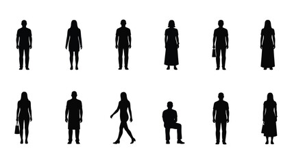 Silhouettes of people in various poses isolated on white background, Vector