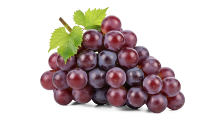 A cluster of dark purple grapes with a green leaf on a png transparent