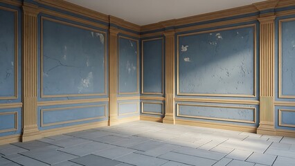Empty square room with Classic wall of old stucco panels blue paint. Joinery in the interior