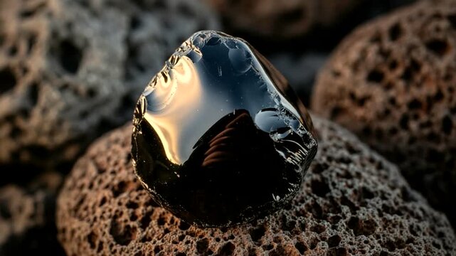 Black Obsidian Stone on Lava Rock Surface.