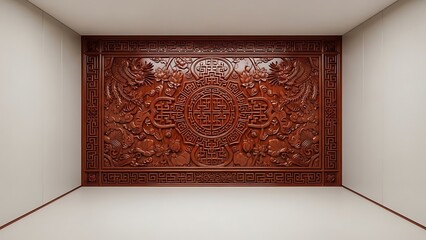 Empty square room with Captivating Chinese Ornamental Wood Pattern in a wall