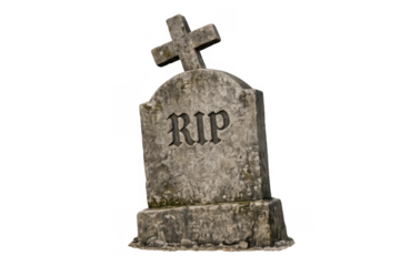 Tombstone with rip inscription and cross symbol, representing death, memorial, and eternal rest, isolated on transparent background