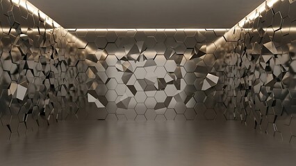 Empty square room with Polygon abstract background. Glossy metal hexagonal wall