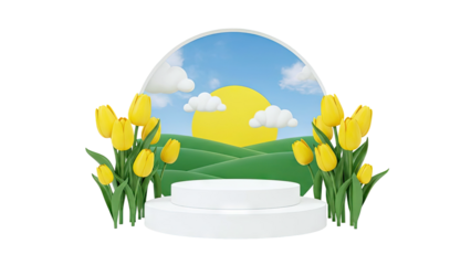 Spring Scene with Yellow Tulips and a Pedestal