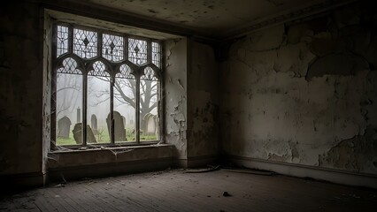 Empty square room with leaded lights quarrel window in old weathered haunted grave