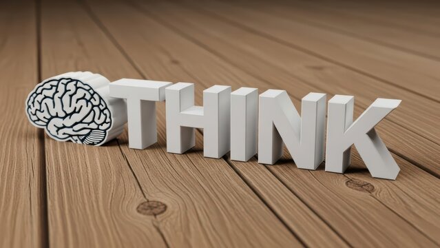 The word THINK formed with white 3D letters and a brain puzzle piece on a wooden surface with light brown planks and visible wood grain patterns.