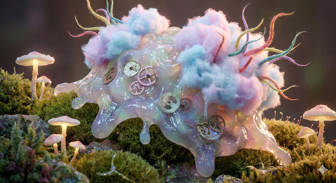 Surreal iridescent bio-mechanical organism with clockwork gears and pastel clouds in a moss garden