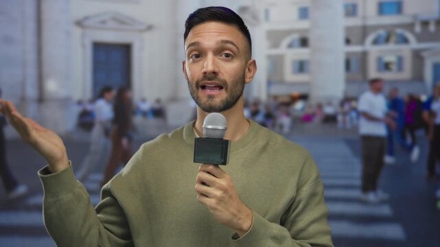 Young hispanic man holding microphone during interview on urban street with blurred people and architecture in background.