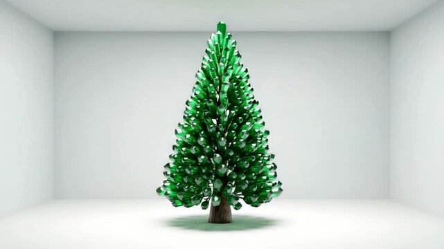 A solitary green Christmas tree stands in a minimalist white room.