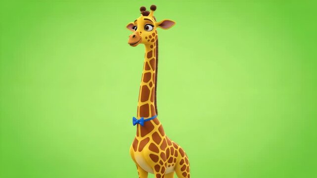 Cute cartoon giraffe with blue bow tie against a green background, animated character