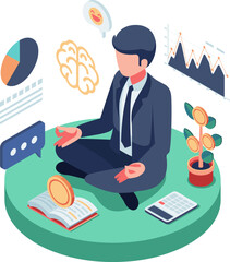 Isometric Meditating Businessman Managing Personal Finance