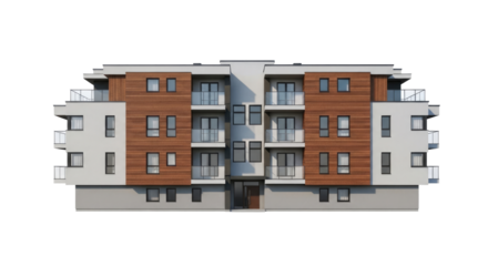 A modern apartment building with balconies and wooden accents.