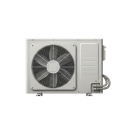 A white air conditioner unit with a black fan on a png transparent