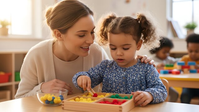 Learning of kids, a teacher mother is giving knowledge to a toddler,