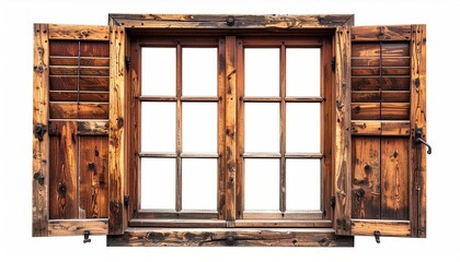 Wooden window with open shutters, white background (1)