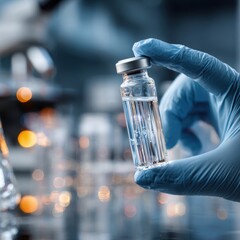 Close-up of Medical Professional's Hand in Blue Surgical Glove Holding Clear Vaccine Vial in Blurred Biotechnology Laboratory.