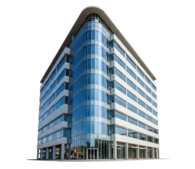 A modern office building with glass windows and a curved facade.