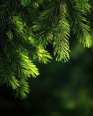 Close-up of Fresh Vibrant Green Evergreen Pine Tree Branches with Soft Forest Background � Natural Texture and Seasonal Beauty.