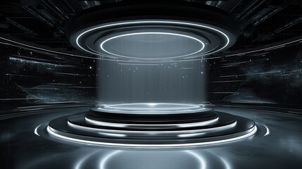 Futuristic Sci-Fi Holographic Stage with Glowing Podiums and Digital Data Display.