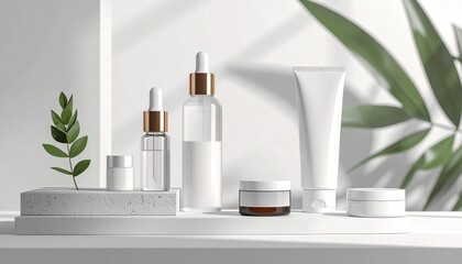 Minimalist skincare packaging set with glass bottles and tubes on white surface