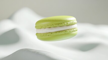 A Single Pistachio Macaron in Mid-Air, a Culinary Delight