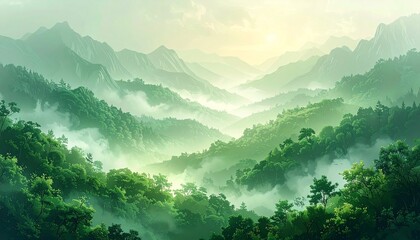 Misty green mountains shrouded in ethereal fog, with lush forests and a soft gradient sky, evoking a serene and natural landscape.