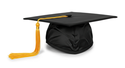 A black graduation cap with a gold tassel on a png transparent