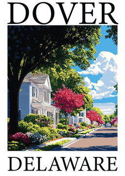 Charming suburban street with white colonial houses and blooming trees, Dover, Delaware, USA - vector illustration.