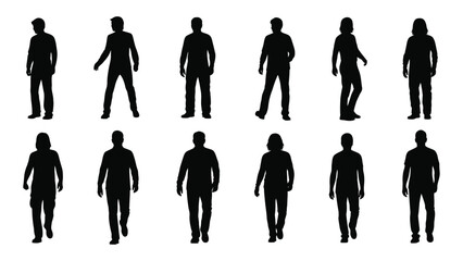 Silhouettes of people in various poses isolated on white background, Vector