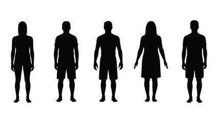 Silhouettes of five individuals isolated on white background, Vector