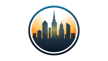 Obraz premium City skyline silhouette in circular frame with gradient sunset background