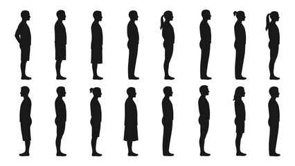 Silhouettes of various people standing isolated on white background, Vector