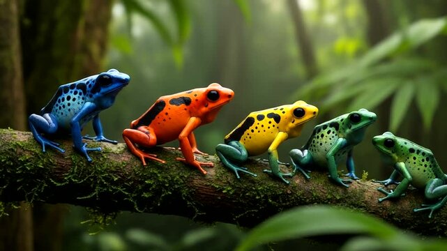 Colorful Poison Dart Frogs Lined Up on a Mossy Branch in a Lush Rainforest.