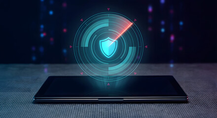 tablet computer with glowing futuristic radar interface and neon shield icon for cyber security data protection network monitoring and digital antivirus scanning technology concept