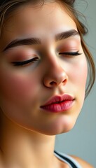 Fototapeta premium Young adult's face in close-up, eyes shut, head gently angled, hair up, light makeup, peace, stillness